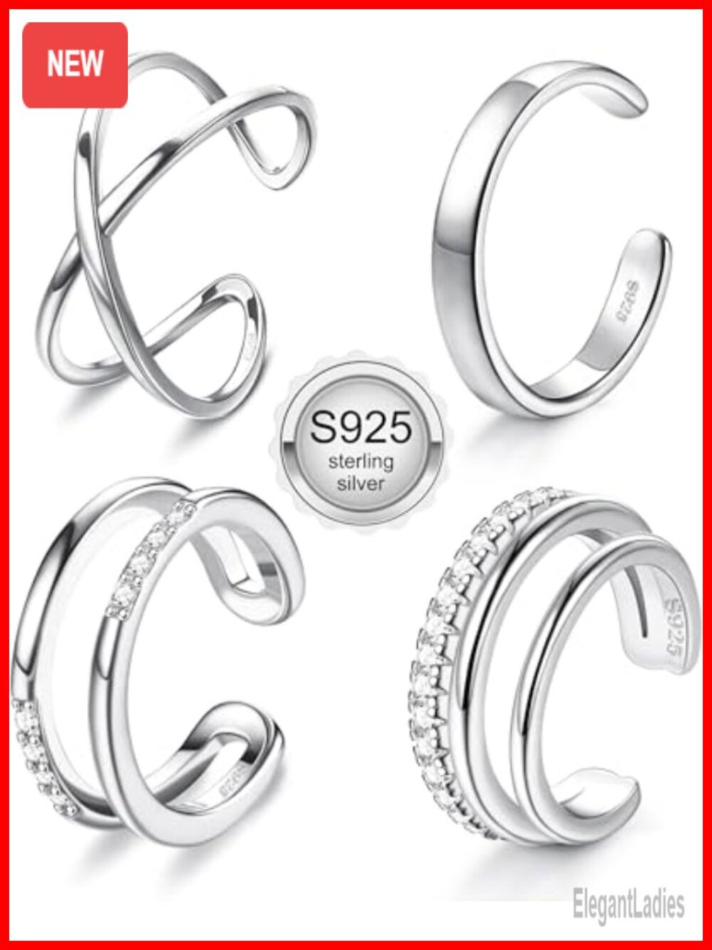925 Sterling Silver Ear Cuff Set 4 Pc Non Piercing Adjustable Wrap Earrings